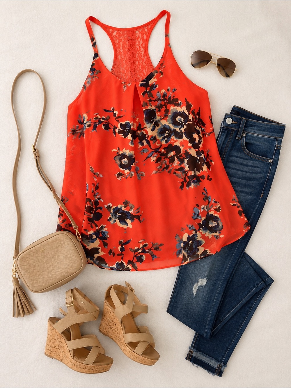Miss Me Coral Floral Chiffon Lace Halter Flowy Tank Top Blouse